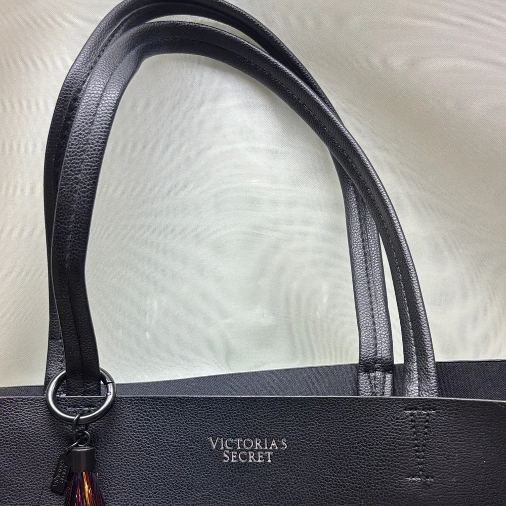 Victoria's Secret Large Black Faux Leather Tote Bag with Tassel Vegan - Picture 2 of 10